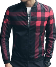 Men's Slim Fit Plaid Bomber Jacket - Red & Black Checkered Zip-Up Casual Coat