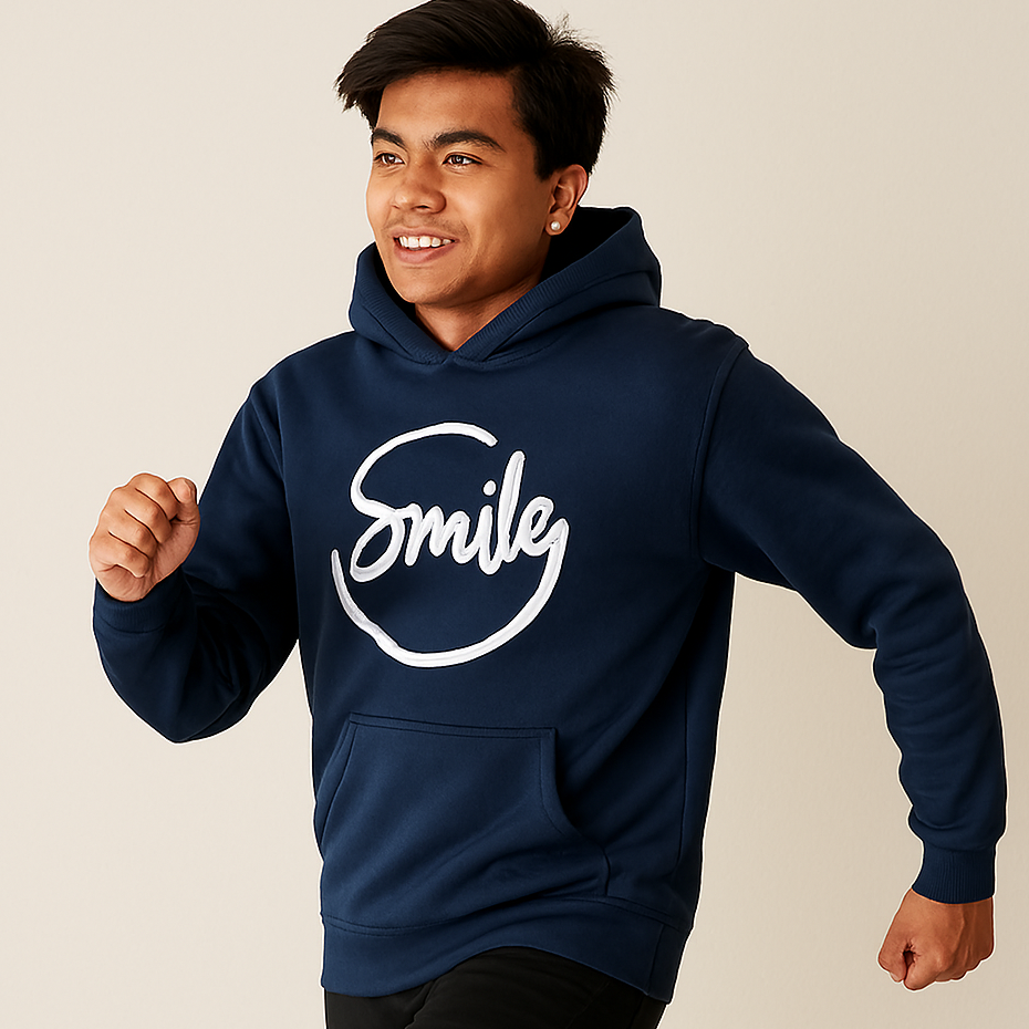 Option A (Focus on message): "Smile" Graphic Premium Navy Hoodie | Spread Positivity