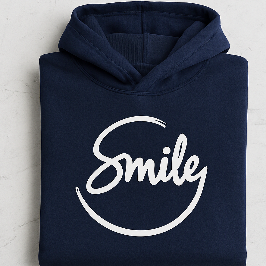 Option A (Focus on message): "Smile" Graphic Premium Navy Hoodie | Spread Positivity