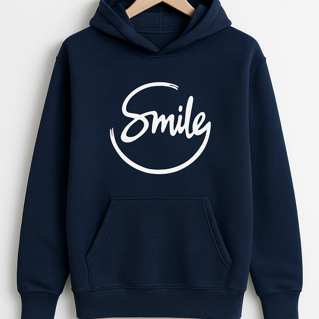 Option A (Focus on message): "Smile" Graphic Premium Navy Hoodie | Spread Positivity