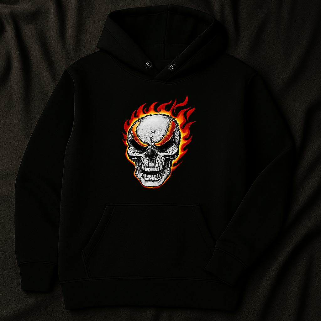 :  🔥 Ageless Aag: Men's Flaming Skull Print Black Hoodie - Stylish, Warm & Trendy