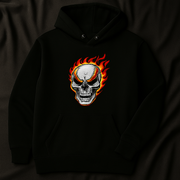 :  🔥 Ageless Aag: Men's Flaming Skull Print Black Hoodie - Stylish, Warm & Trendy
