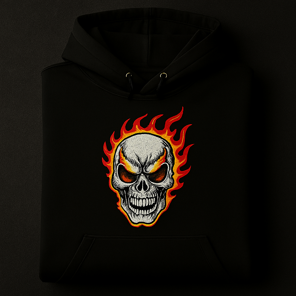 :  🔥 Ageless Aag: Men's Flaming Skull Print Black Hoodie - Stylish, Warm & Trendy