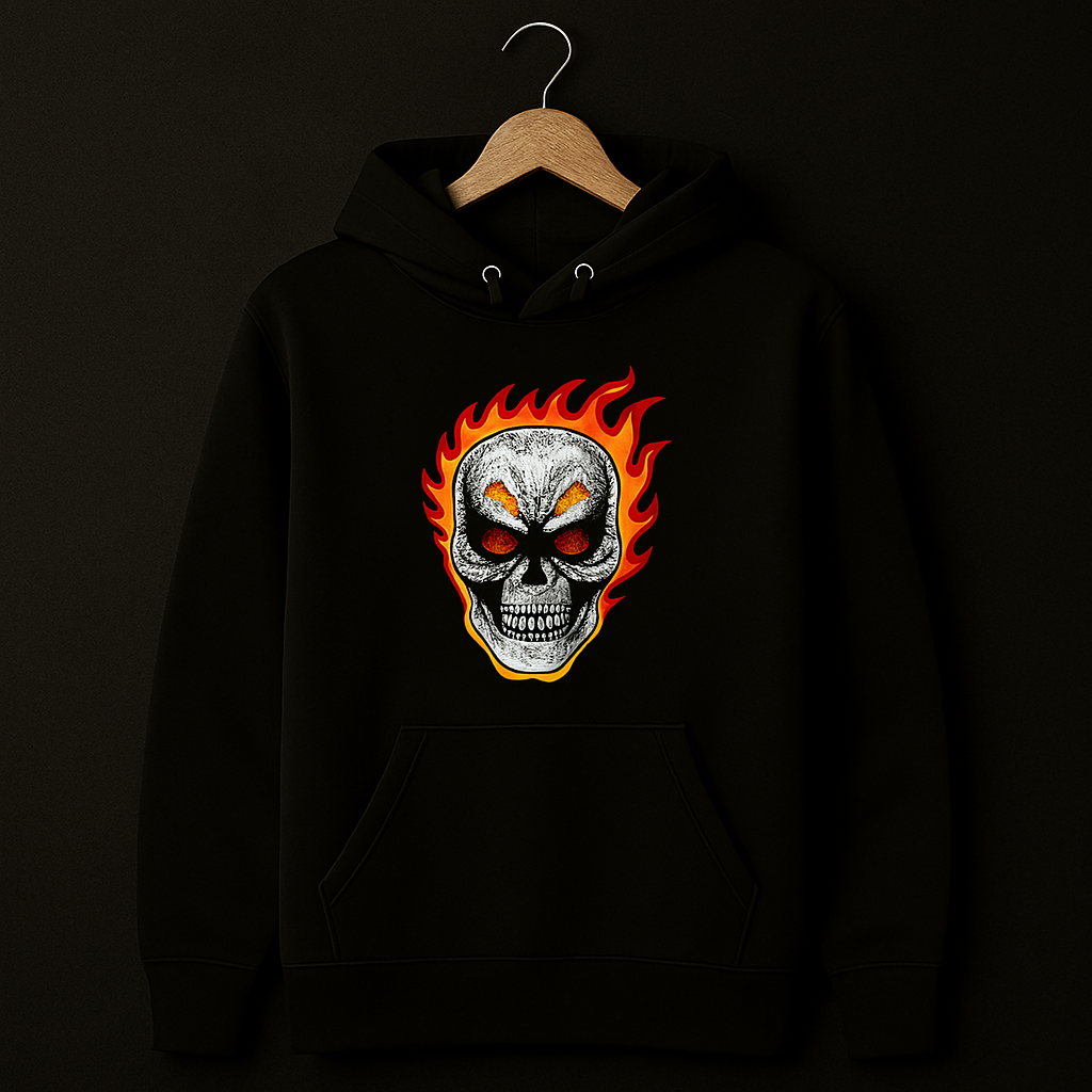 :  🔥 Ageless Aag: Men's Flaming Skull Print Black Hoodie - Stylish, Warm & Trendy