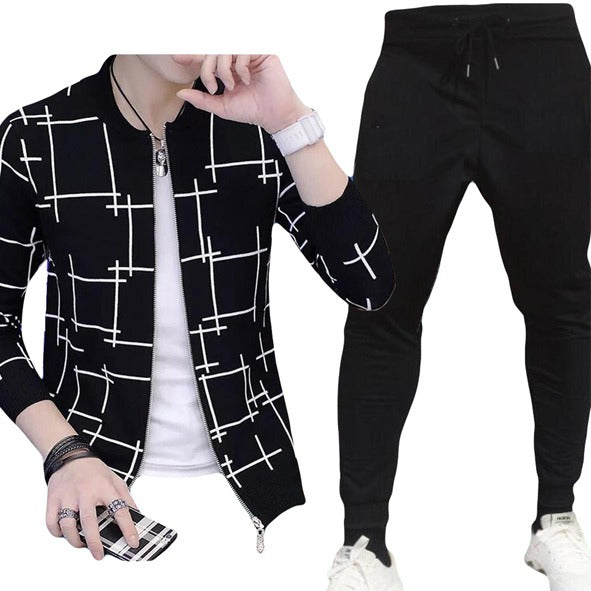 Men's Stylish Black & White Geometric Grid Tracksuit - Casual Slim Fit Zipper Bomber Jacket & Jogger Pants Set