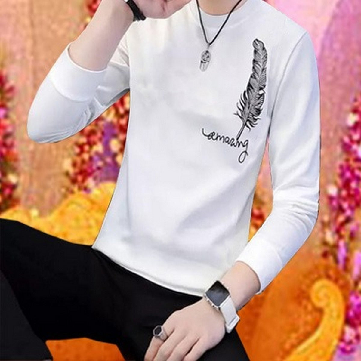 Men's Full Sleeve Feather Print Casual T-Shirt - White
