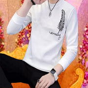 Men's Full Sleeve Feather Print Casual T-Shirt - White